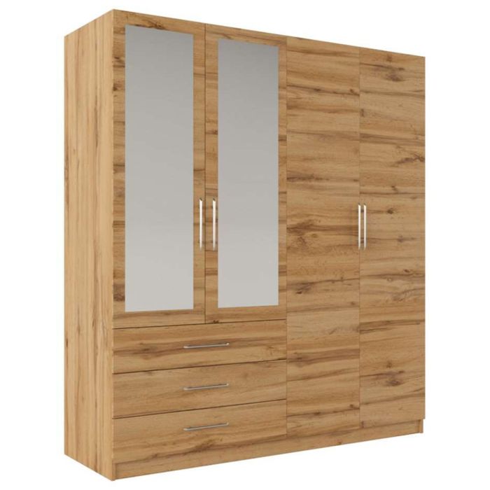 Lincolnshire Stylishy Design Mirrored 4 Door Wardrobe with 3 Drawers - Oak Wotan