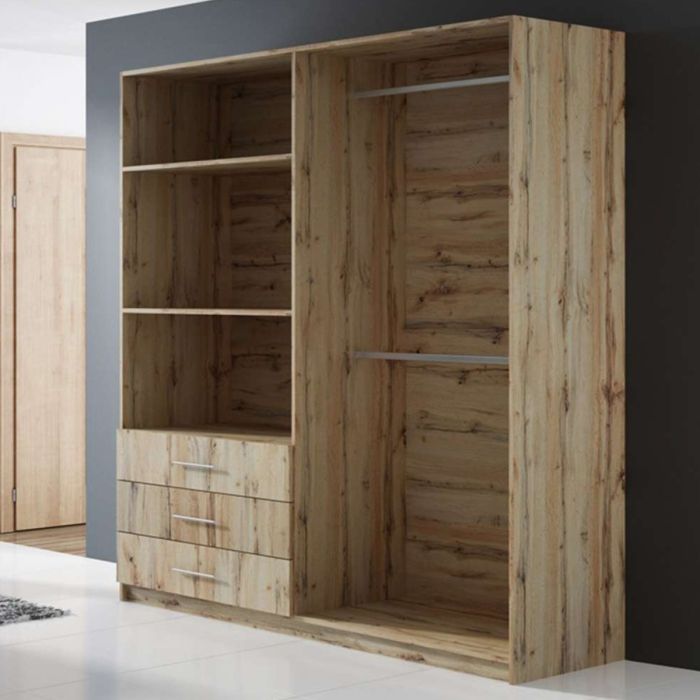 Lincolnshire Stylishy Design Mirrored 4 Door Wardrobe with 3 Drawers - Oak Wotan