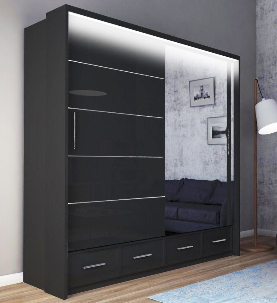 FURCO Mendeley 208cm Black High Gloss 2 Door Sliding Wardrobe - Sleek and Contemporary