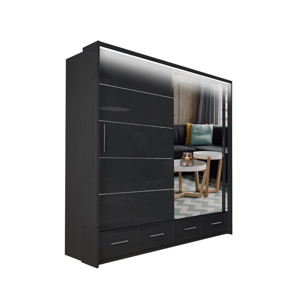 FURCO Mendeley 208cm Black High Gloss 2 Door Sliding Wardrobe - Sleek and Contemporary