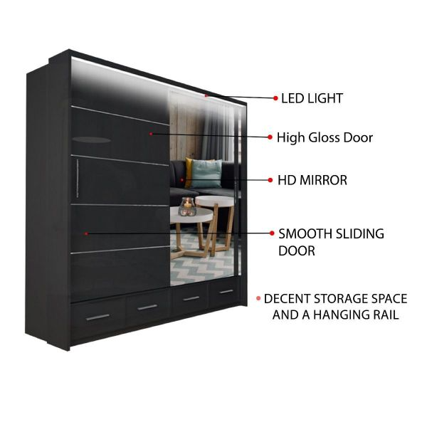FURCO | Cecilia High Gloss | Black 2 Door Sliding Wardrobe | 208 cm | Sleek & Contemporary Elegance