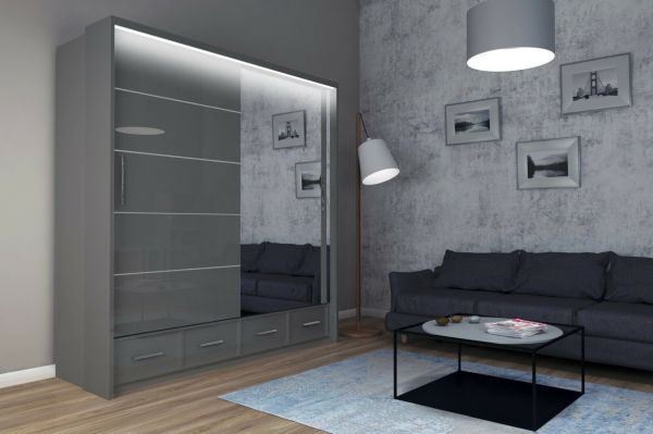 FURCO Mendeley 208cm Grey High Gloss 2 Door Sliding Wardrobe - Chic and Functional