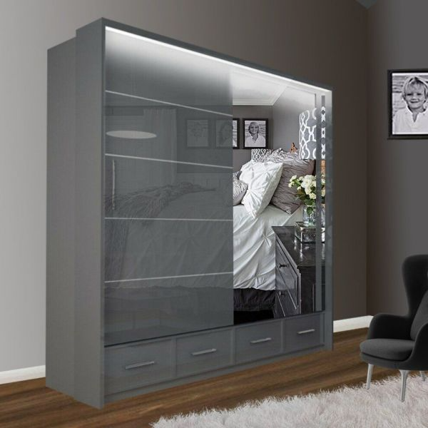 FURCO Mendeley 208cm Grey High Gloss 2 Door Sliding Wardrobe - Chic and Functional