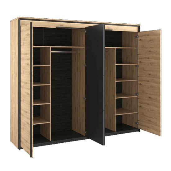 Quebec 4 Door Hinged Mirrored Wardrobe in Artisan Oak | LED Lighting Included | Furco