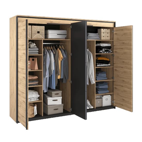 Quebec 4 Door Hinged Mirrored Wardrobe in Artisan Oak | LED Lighting Included | Furco