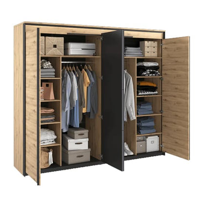 Quebec 4 Door Hinged Mirrored Wardrobe in Artisan Oak | LED Lighting Included | Furco