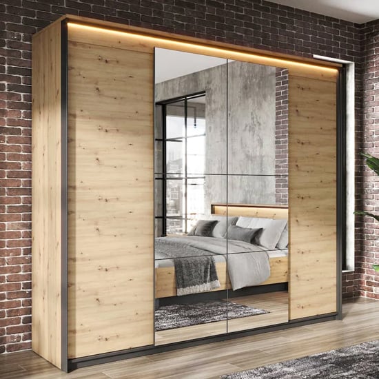Quebec 4 Door Hinged Mirrored Wardrobe in Artisan Oak | LED Lighting Included | Furco