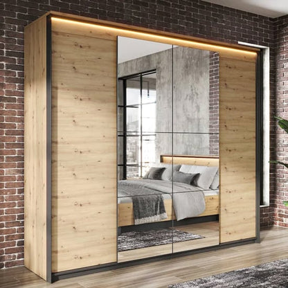 Quebec 4 Door Hinged Mirrored Wardrobe in Artisan Oak | LED Lighting Included | Furco