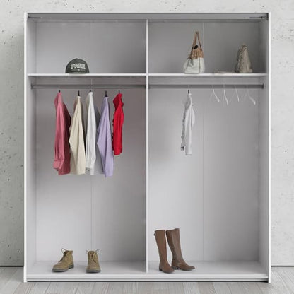 Reck Mirrored Sliding Doors Wardrobe In White With 2 Shelves