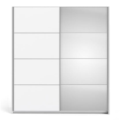 Reck Mirrored Sliding 2 Doors Wardrobe In White With 5 Shelves