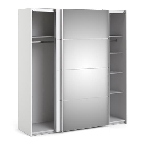 Reck Mirrored Sliding 2 Doors Wardrobe In White With 5 Shelves
