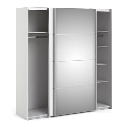 Reck Mirrored Sliding 2 Doors Wardrobe In White With 5 Shelves