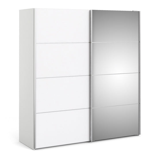 Reck Mirrored Sliding 2 Doors Wardrobe In White With 5 Shelves