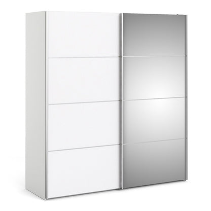 Reck Mirrored Sliding 2 Doors Wardrobe In White With 5 Shelves