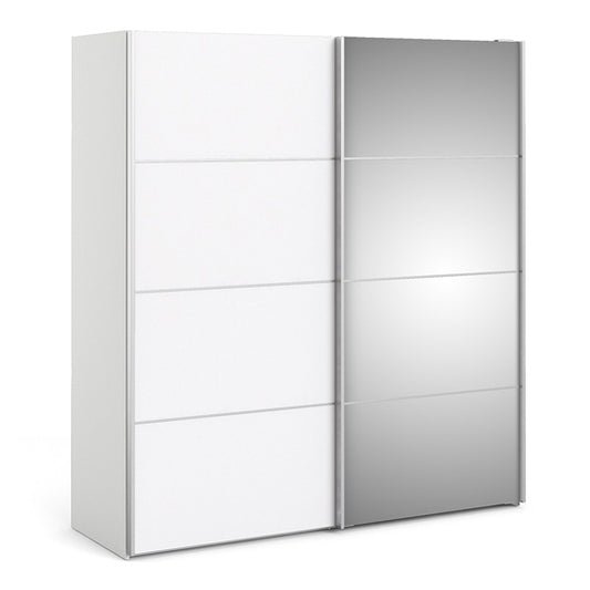 Reck Mirrored Sliding 2 Doors Wardrobe In White With 5 Shelves