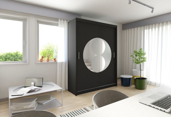 FURCO | Circolo Sliding 2 Door Wardrobe | Integrated Mirror | Sleek Black Finish | Contemporary & Functional