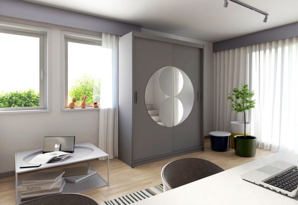 FURCO | Circolo | Sliding 2 Door Wardrobe with Mirror | Elegant Grey | Stylish & Functional