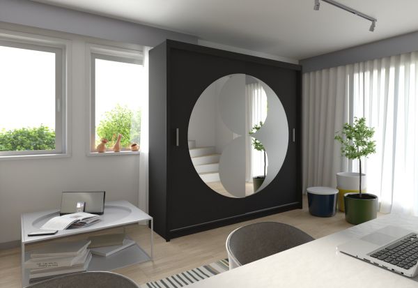 FURCO | Circolo Sliding 2 Door Wardrobe | Integrated Mirror | Sleek Black Finish | Contemporary & Functional