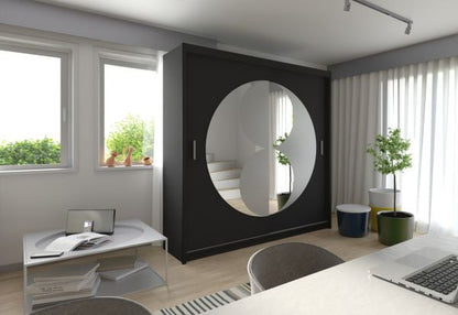 FURCO | Circolo Sliding 2 Door Wardrobe | Integrated Mirror | Sleek Black Finish | Contemporary & Functional