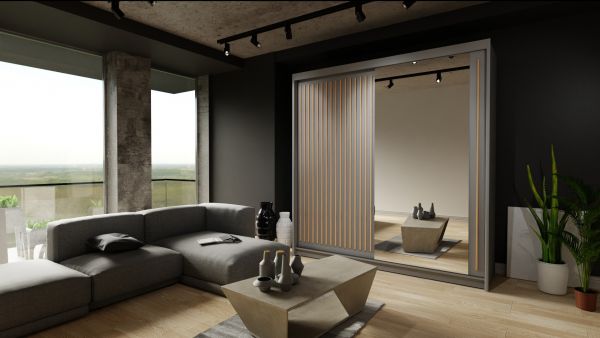 FURCO | Zaria 2 Door Sliding Wardrobe | 150/203 cm | Classic Grey | Versatile & Stylish Storage