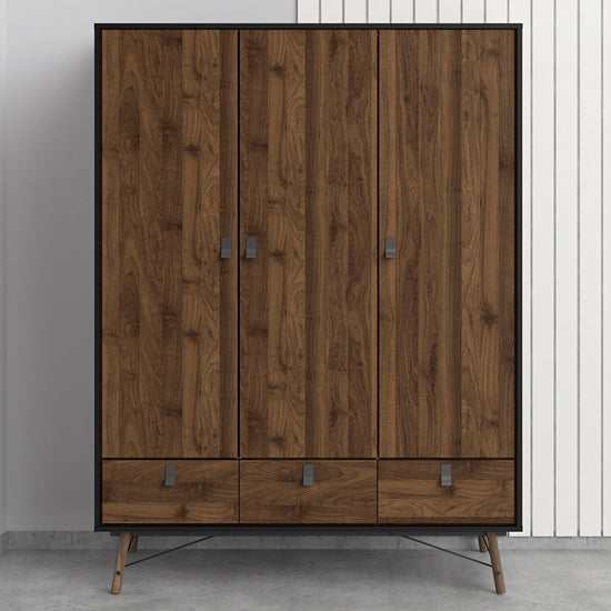 Rynok Wooden 3 Door Wardrobe In Matt Black Walnut