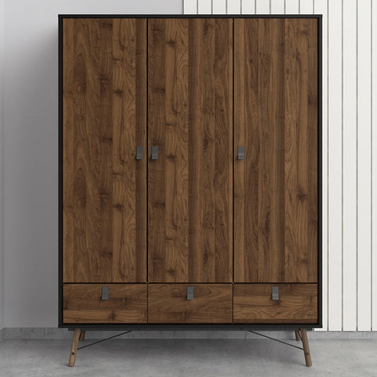 Rynok Wooden 3 Door Wardrobe In Matt Black Walnut