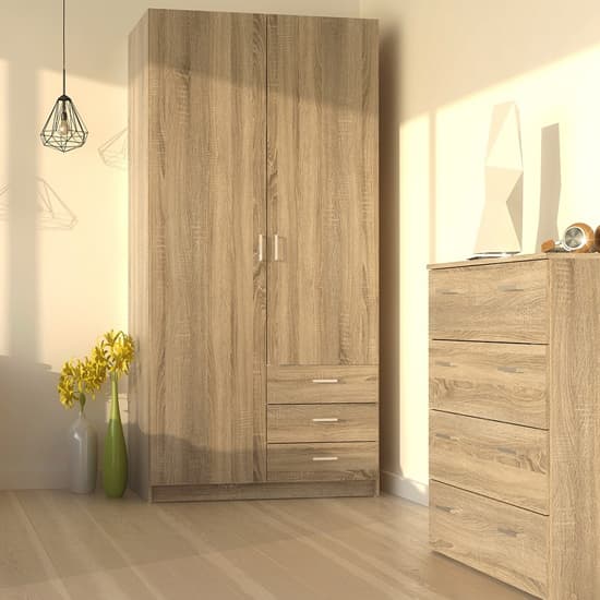 Scalia Wooden Wardrobe In Oak With 2 Doors 3 Drawers