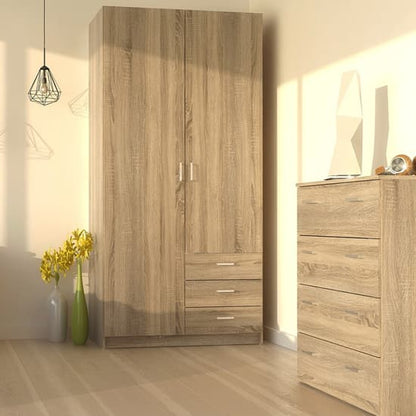 Scalia Wooden Wardrobe In Oak With 2 Doors 3 Drawers