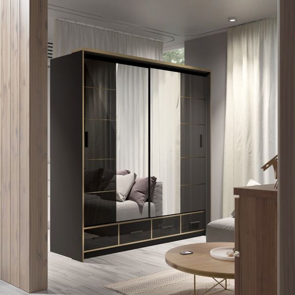 FURCO Andromeda Black High Gloss 203cm 2 Door Sliding Wardrobe - Modern Elegance