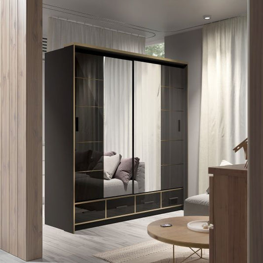 FURCO Andromeda Black High Gloss 203cm 2 Door Sliding Wardrobe - Modern Elegance