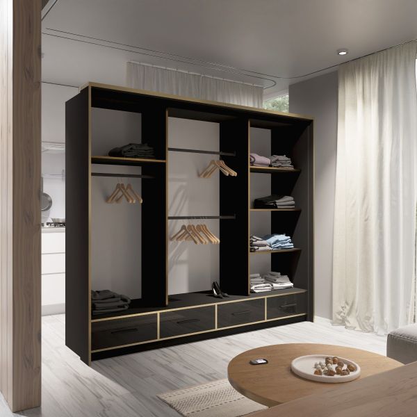 FURCO Andromeda 253cm Sophisticated Black High Gloss 3 Door Sliding Wardrobe - Premium Elegance