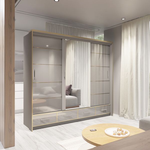 FURCO Andromeda 253cm Chic Grey High Gloss 3 Door Sliding Wardrobe - Luxurious & Spacious