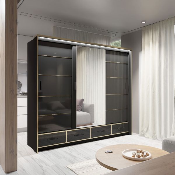 FURCO Andromeda 253cm Sophisticated Black High Gloss 3 Door Sliding Wardrobe - Premium Elegance