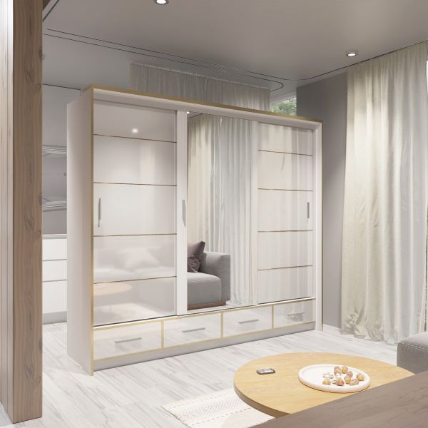 FURCO Andromeda 253cm Pristine White High Gloss 3 Door Sliding Wardrobe - Modern Luxury