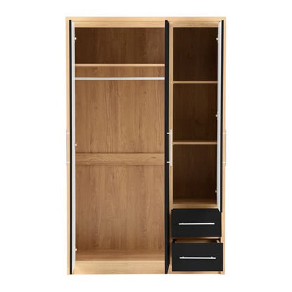 Samaira Wardrobe In Black High Gloss And Light Oak With 3 Doors