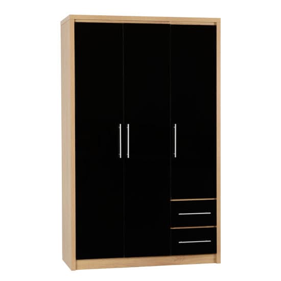 Samaira Wardrobe In Black High Gloss And Light Oak With 3 Doors