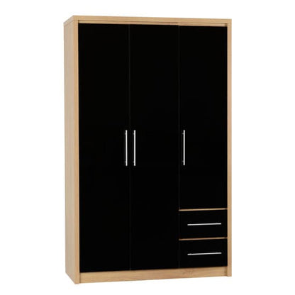 Samaira Wardrobe In Black High Gloss And Light Oak With 3 Doors