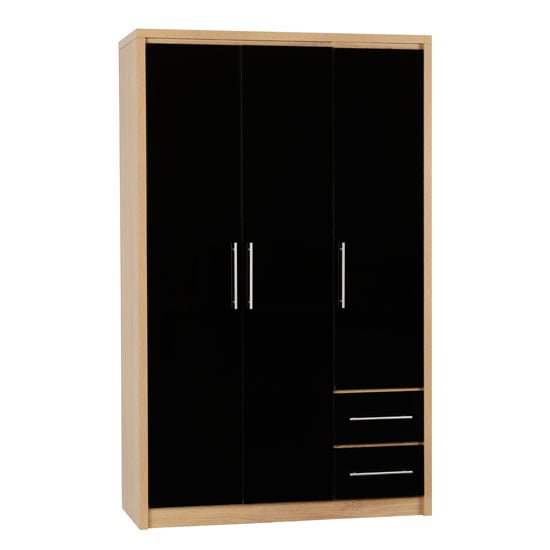 Samaira Wardrobe In Black High Gloss And Light Oak With 3 Doors