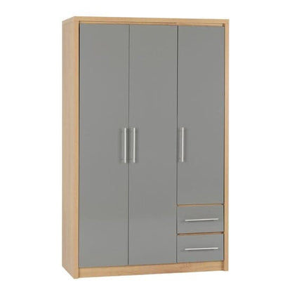 Samaira Wardrobe In Grey High Gloss And Light Oak With 3 Doors