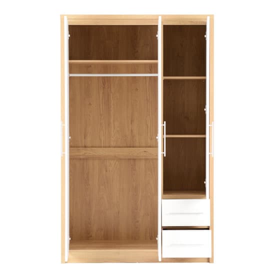 Samaira Wardrobe In White High Gloss And Light Oak With 3 Doors