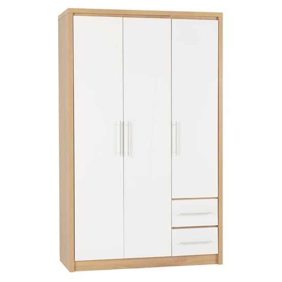Samaira Wardrobe In White High Gloss And Light Oak With 3 Doors