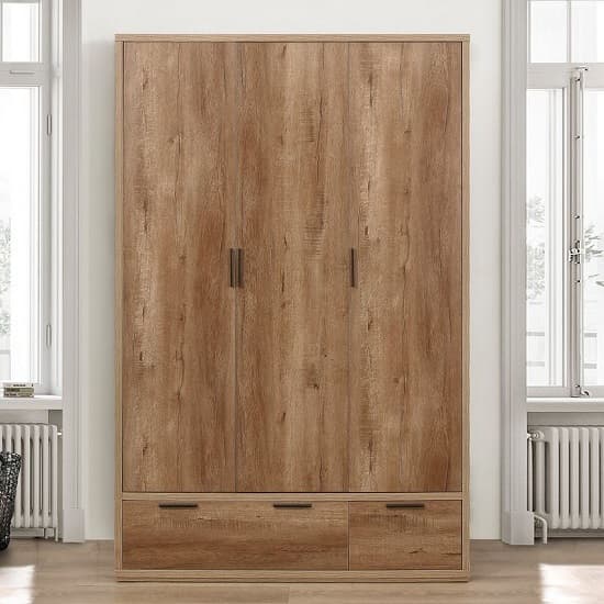 Silas Wooden Wardrobe Wide In Rustic Oak Effect With 3 Doors