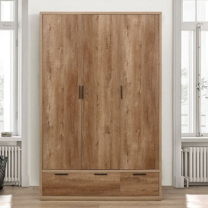 Silas Wooden Wardrobe Wide In Rustic Oak Effect With 3 Doors