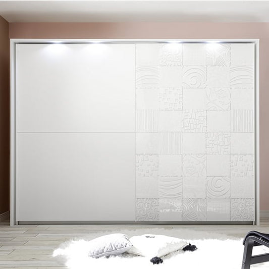 Soxa Italian LED Sliding 2 Door Wooden Wardrobe In Serigraphed White