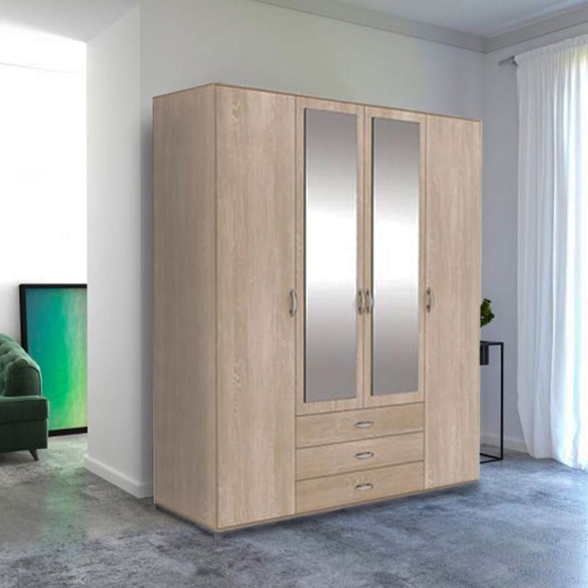 FURCO | Stanley | Mirrored 4 Door Wardrobe with 3 Drawers | Oak Finish | Ample Storage & Timeless Design