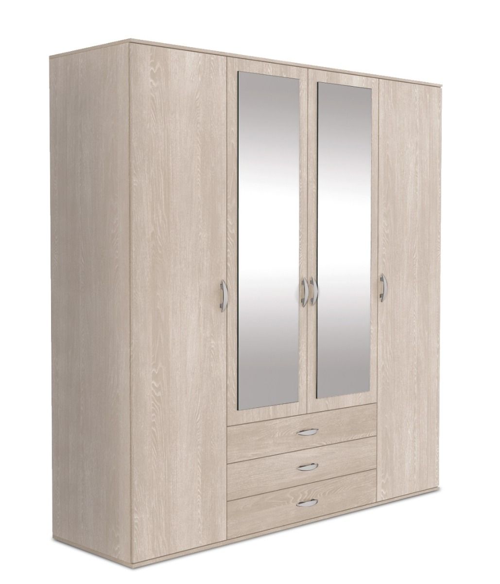 FURCO | Stanley | Mirrored 4 Door Wardrobe with 3 Drawers | Oak Finish | Ample Storage & Timeless Design