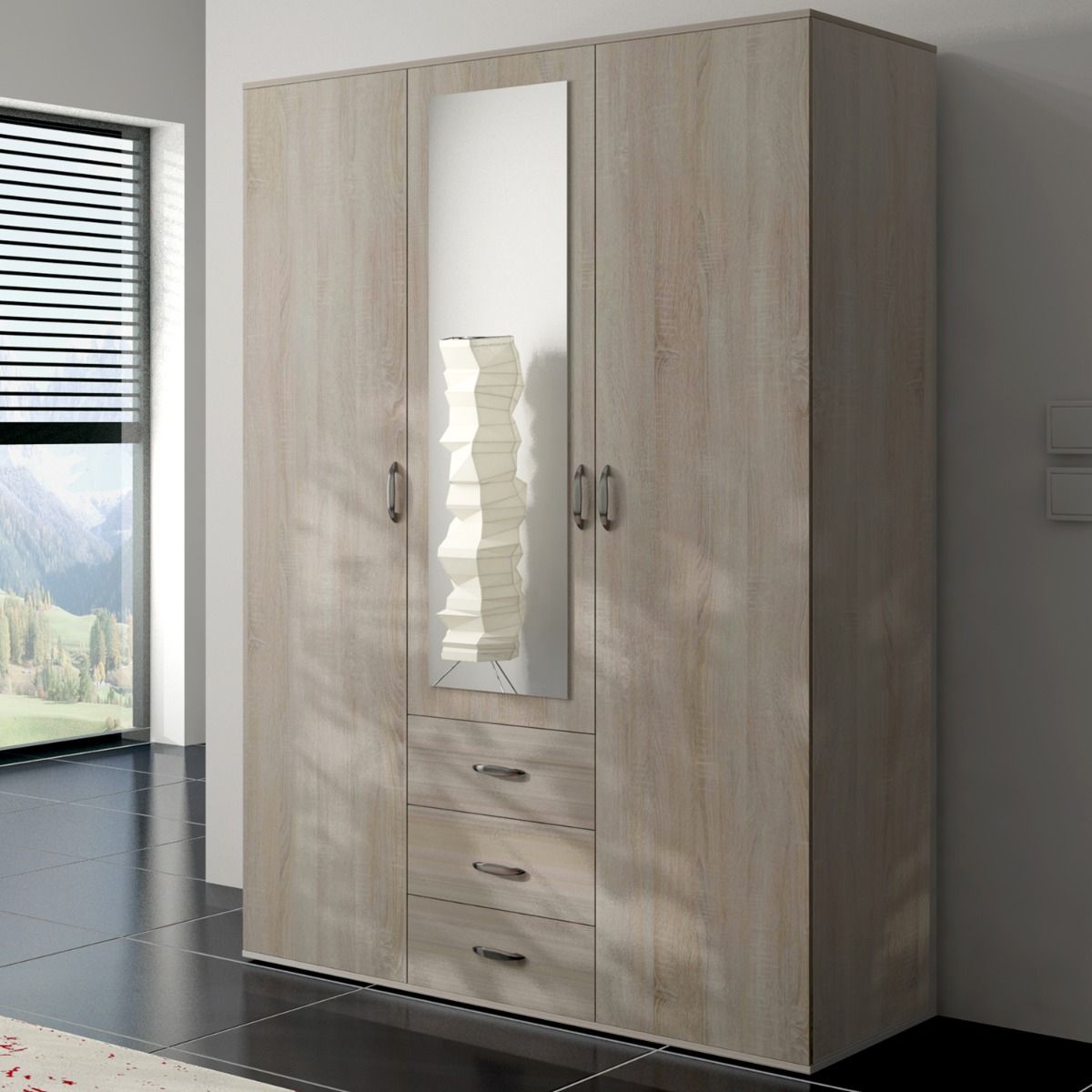 FURCO | Stanley | Single Mirrored 3 Door Hinged Wardrobe with 3 Drawers | Classic Oak | Functional & Spacious