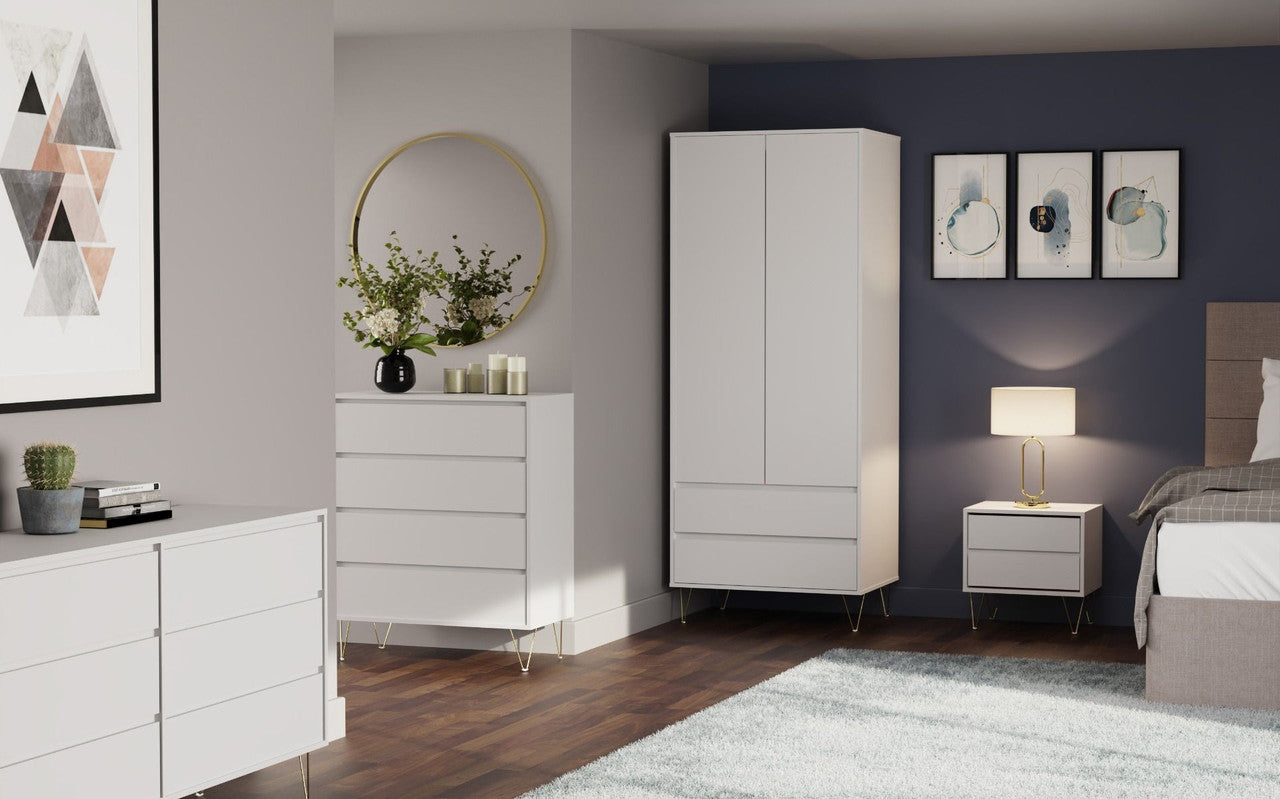 Monaco White 2 Door 2 Drawer Wardrobe with Gold Hairpin Legs