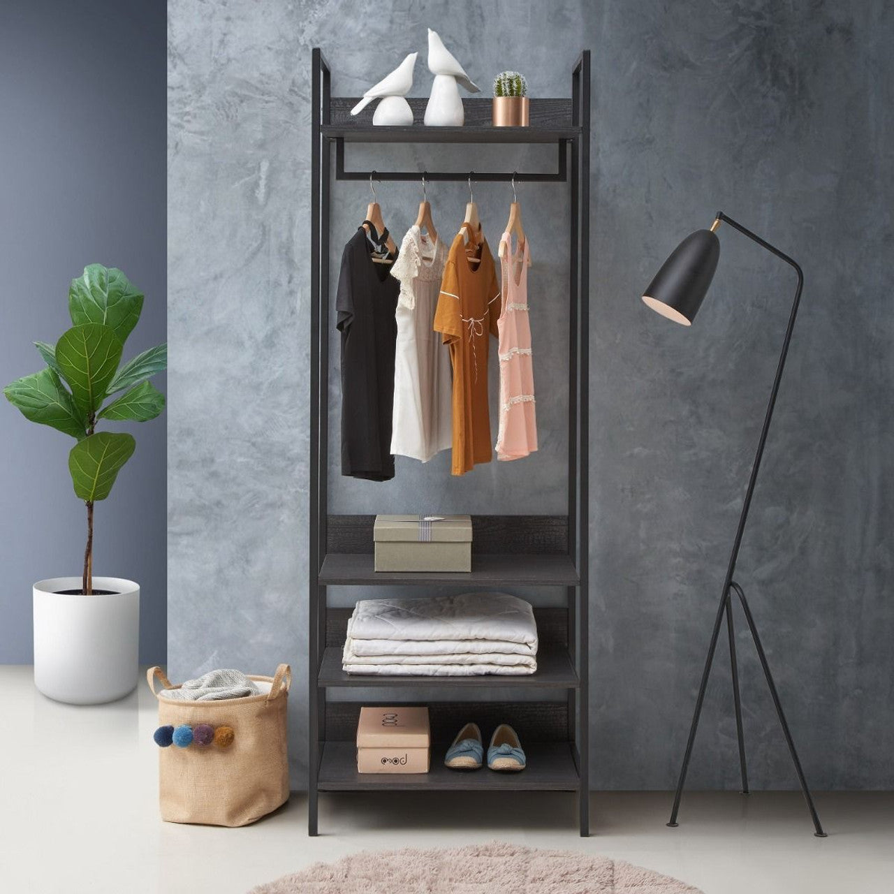 Zahra Dark Grey Open Wardrobe | Compact 4-Shelf Organizer | Furco