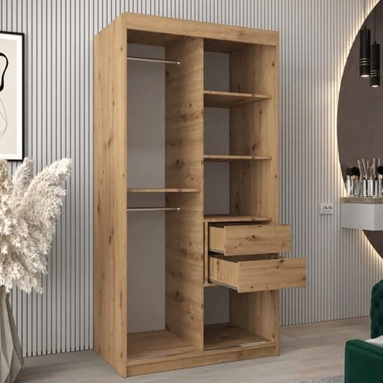 Tavira II Mirrored Wardrobe Sliding 2 Doors 100cm In Artisan Oak